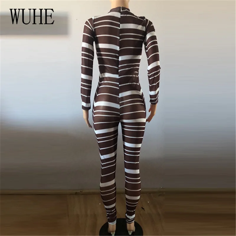 

WUHE See Though Mesh Stripe Print Romper Women Long Sleeve Jumpsuit Sexy Night Club Party Bodycon Bandage One Piece Overalls