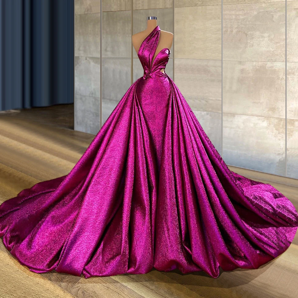 

Fuchsia Mermaid Prom Dresses With Detachable Train One Shoulder Overskirt Evening Gowns Party Dress Special Occassion