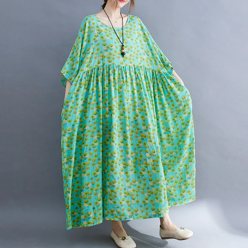 

Vintage One-Piece Summer Dress Cotton Casual Fashion Ladies Vestidos Oversize Loose Linen Green Floral Boho Beach Dress Sundress