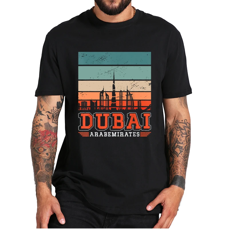 

Dubai Arab Emirates T-Shirt Retro Vintage Sunset Skyline Casual Tee Shirt Tops Holiday Essential Gifts for Travelers EU Size
