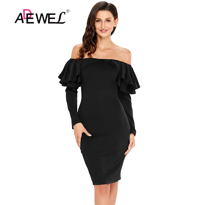 Женское облегающее платье ADEWEL черное до колена с оборками и открытыми плечами