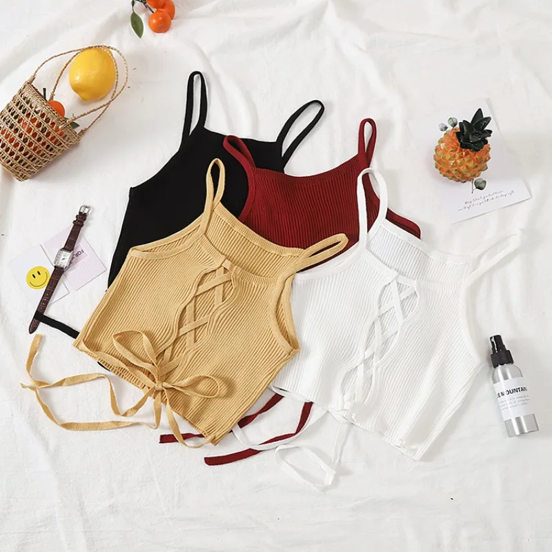 Для женщин укороченный Топ вязаный бандажный Спагетти Клубные майки Холтер Танк