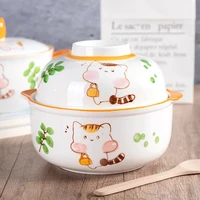 cartoon cat ceramic bowl with lid breakfast cereal fruit bowl solid color dessert soup noodle bowl microwave oven