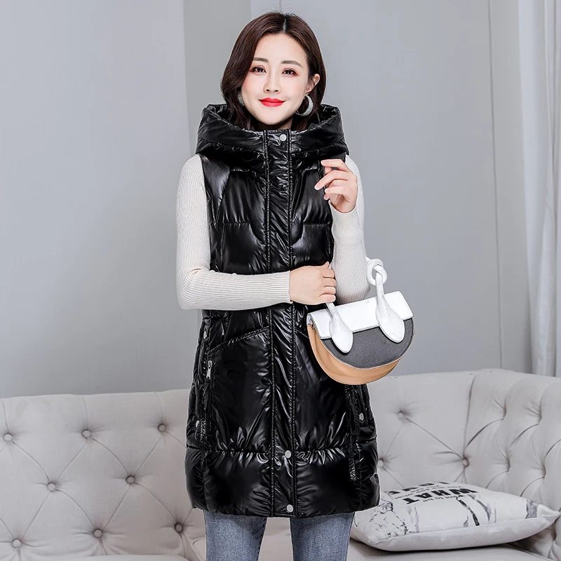 

Long Sleeveless Jackets Women's Hooded Warm Ladies Casual Winter Vests Zipper Pockets Thick Glossy Fashion Waistcoat for Female