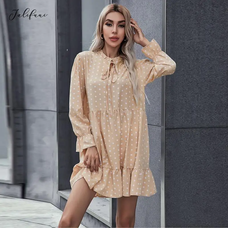 

Women Ruffles Dot Print Dress Long Lantern Sleeve Loose Bandage 2021 Autumn Casual V Neck Office Female A Line Dresses Vestidos