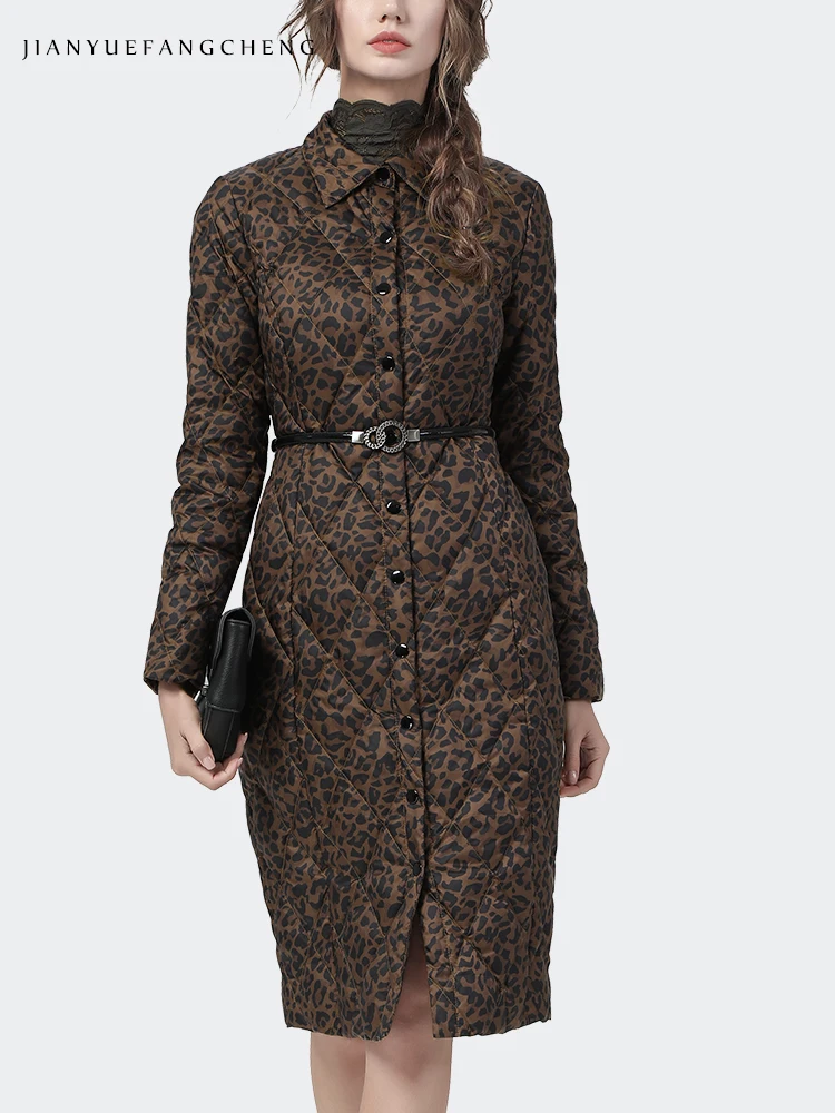 Модный Леопардовый принт женский длинный пуховик для зимы теплый слегка белый