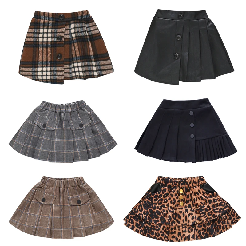 Детская Кожаная Мини юбка для девочек Клетчатая Шерстяная Юбка маленьких