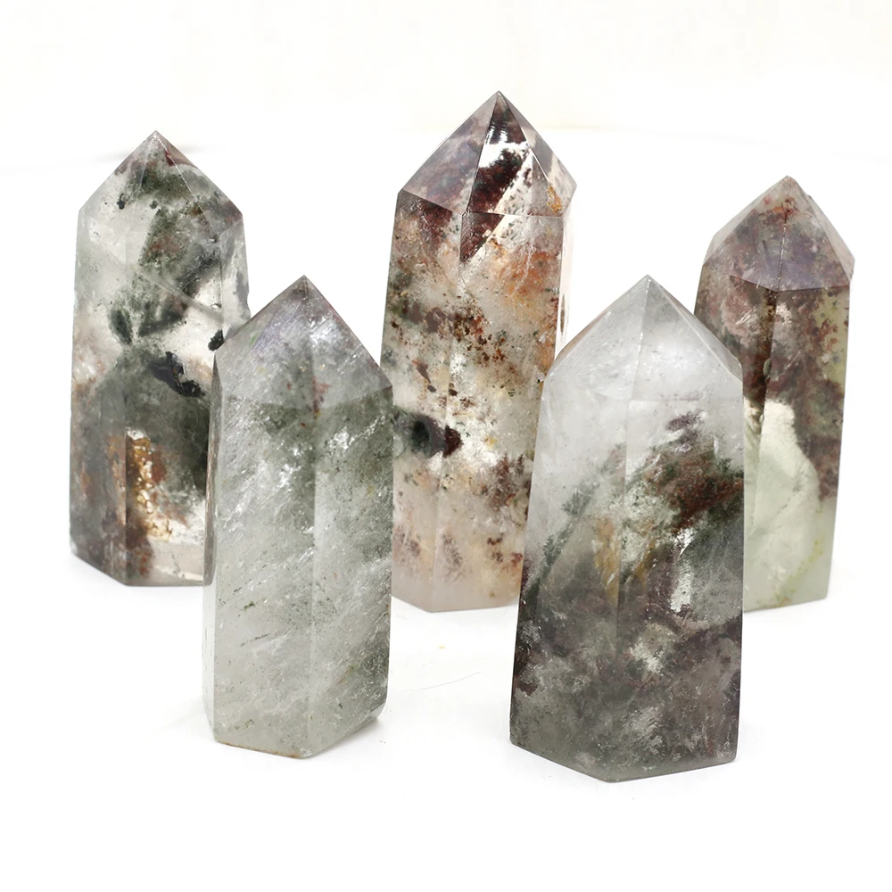 

Natural Green Ghost Hexagonal Prisms Quartz Crystal Point Wand Tower Reiki Healing Energy Ore Mineral Crafts Home Decoration 1PC