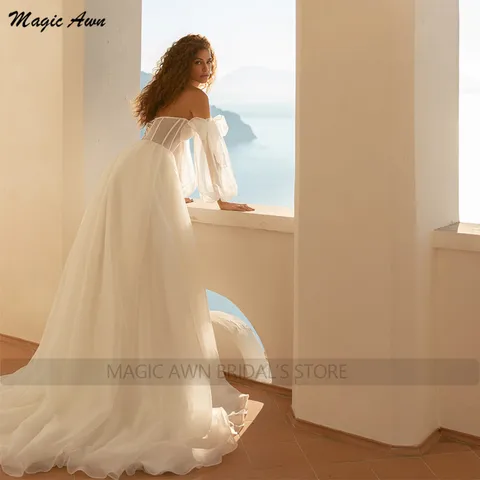 Magic Awn 2022 Beach Wedding Dresses For Women Detachable Long Puffy Sleeves Organza Boho Mariage Gowns Side Split Lace-up Back