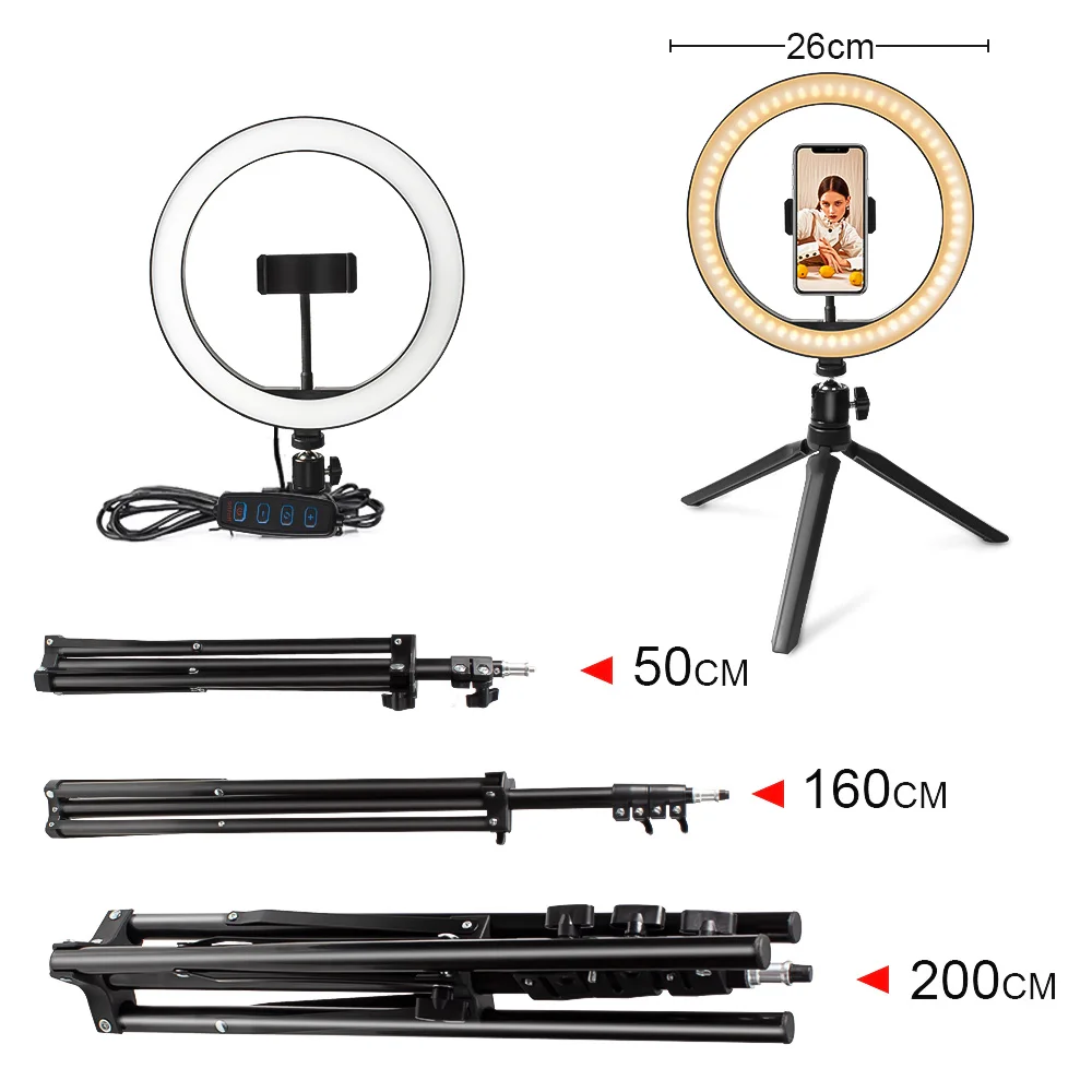 10 inch Ring Led Light Tripod 50-210Cm Selfie Lamp With Stand Phone Holder Photography Lighting For Youtube Makeup | Электроника