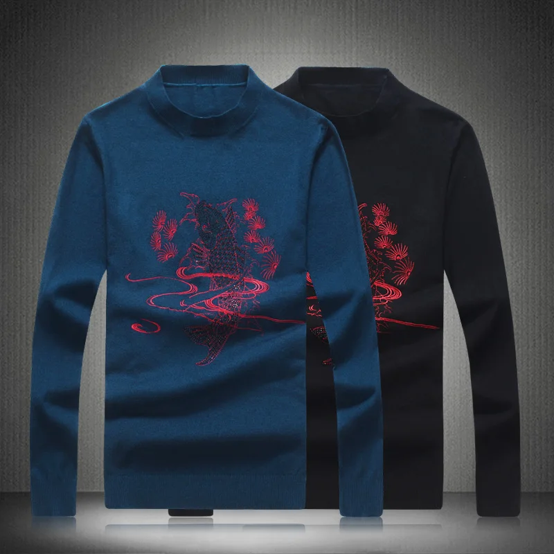 

High Autumn Quality Winter Pullover Sweater Fashion Fish Design Men jumper Sweaters Black Blue Warm Clothes M-4XL 8819
