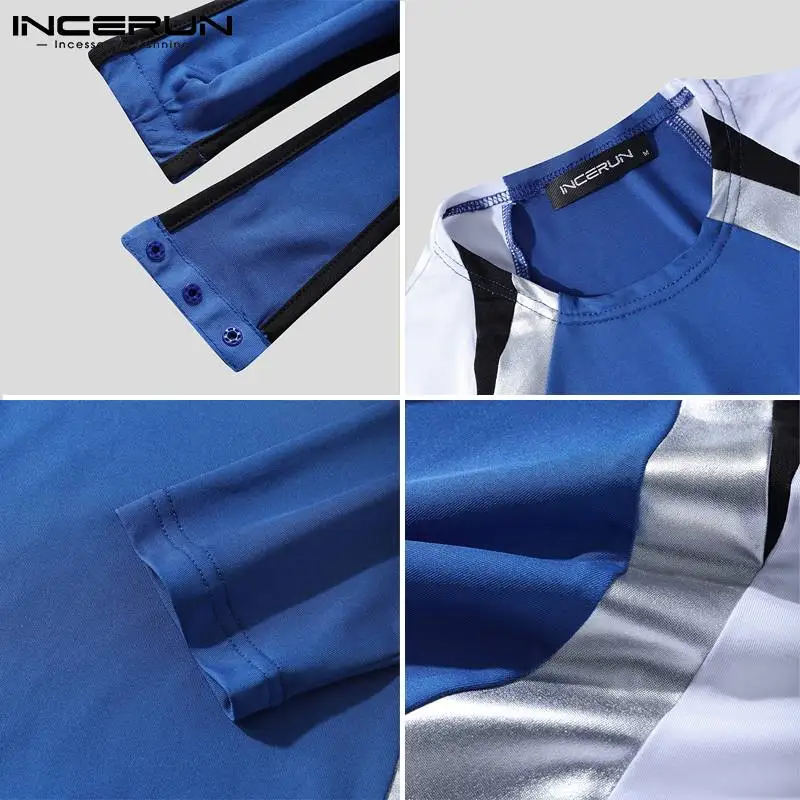 INCERUN Men Bodysuits Patchwork 2023 O-neck Long Sleeve Sexy Rompers Comfy Skinny Fashion Pajamas Men Bodysuit Homewear S-5XL 7