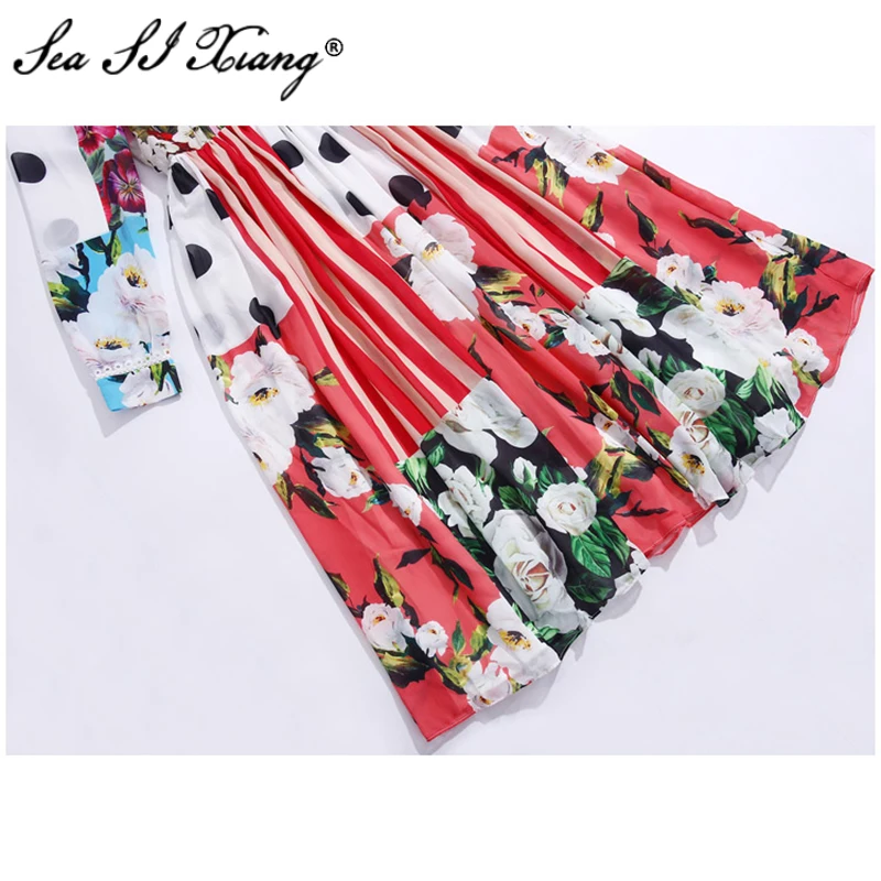 

Seasixiang Fashion Designer Spring Dress Long Sleeve Lace Crystal Diamonds Floral-Print Vintage Chiffon Dresses