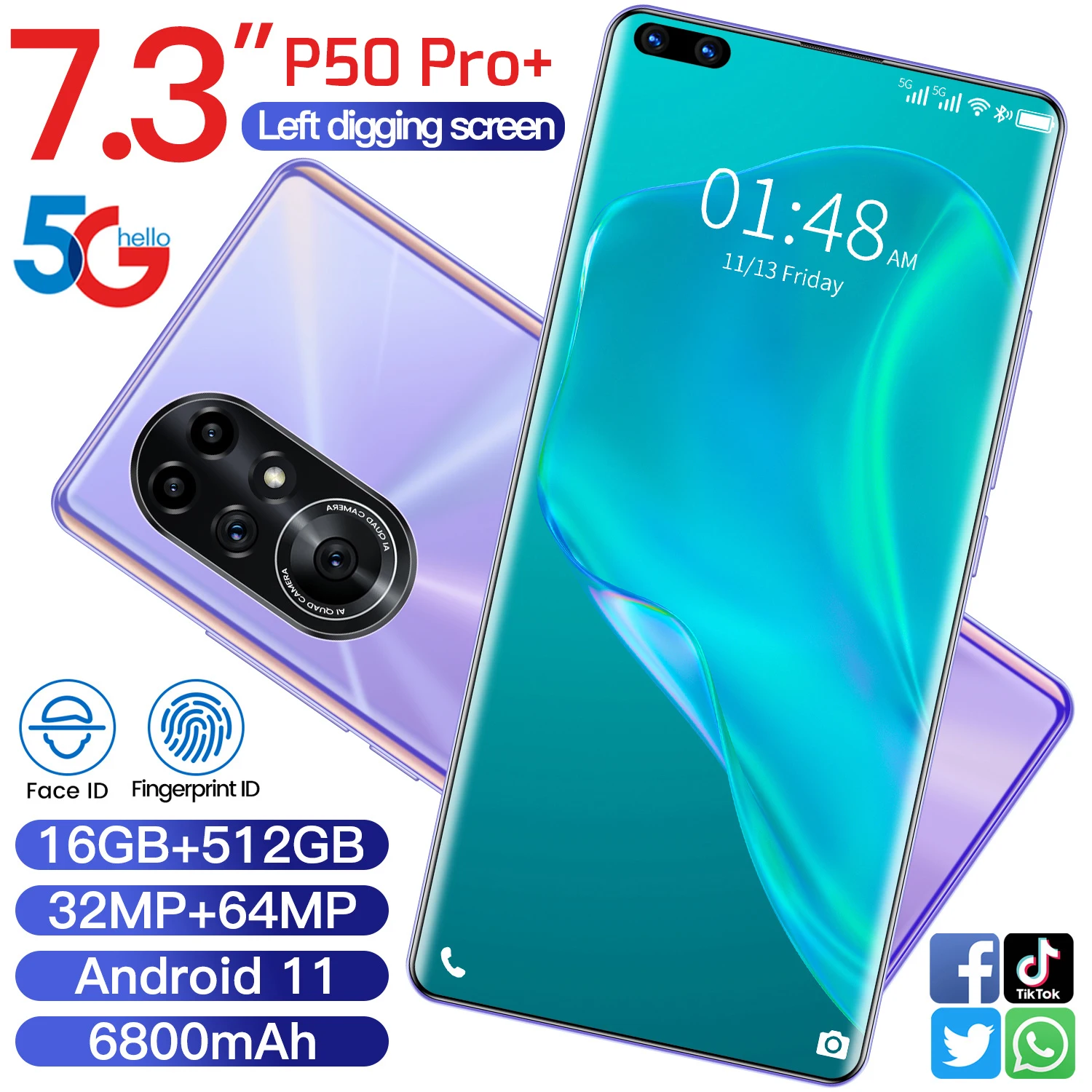 

Global Version Smartphone 7.3" P50 Pro+ 8GB RAM 256GB ROM 6800mAh Deca Core CPU Mobile Phone Android 11.0 32MP Rear Cameras