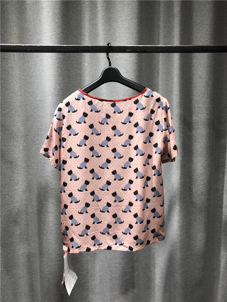 

Tshirt Women Fashion Casual Pure Silk Crew Neck Short Sleeve Straight Tube Top Pullover Animal Pattern Decoration