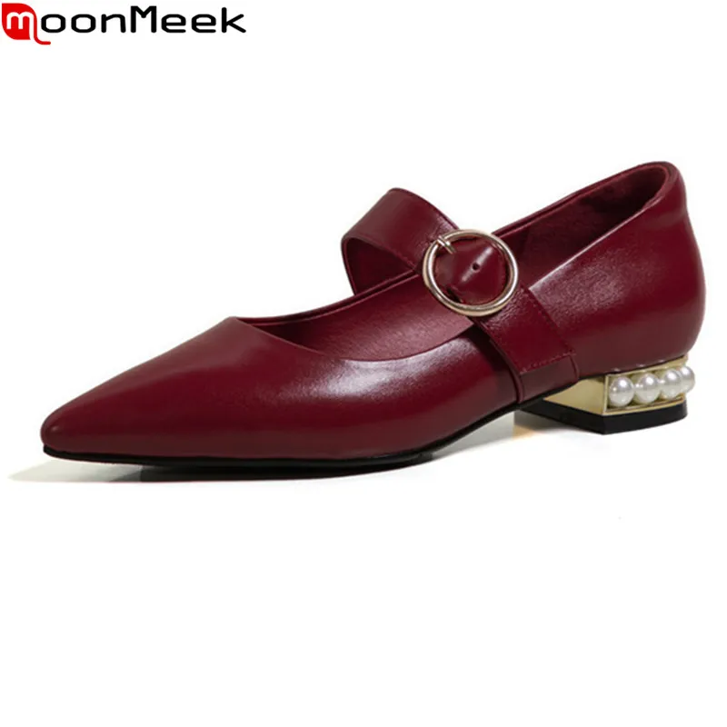 

MoonMeek 2021 Genuine Leather Pumps Women Square Heels Pointed Toe Mary Jane Ladies Shoes Summer Casual Single Shoes