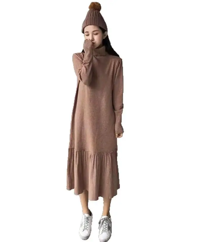 Woolen Skirt 2020 New Pleated Turtleneck Knitted Mid-Length Jersey Dress Women women sweater womens knitted | Женская одежда