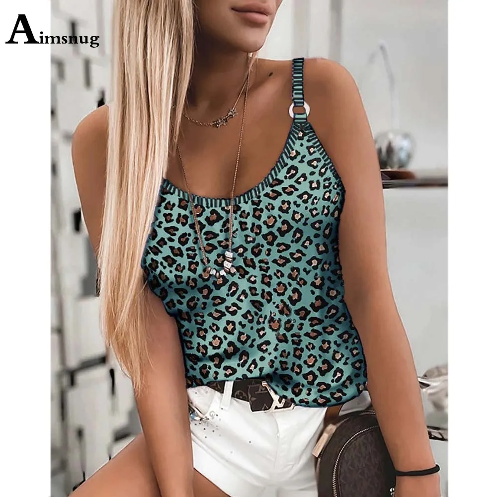 

Women's Camis Top 2021 Summer Casual Shirt Ladies Strappy Buckle Tshirt Sleeveless Leopard Print Tees Clothing Plus Size S-5XL