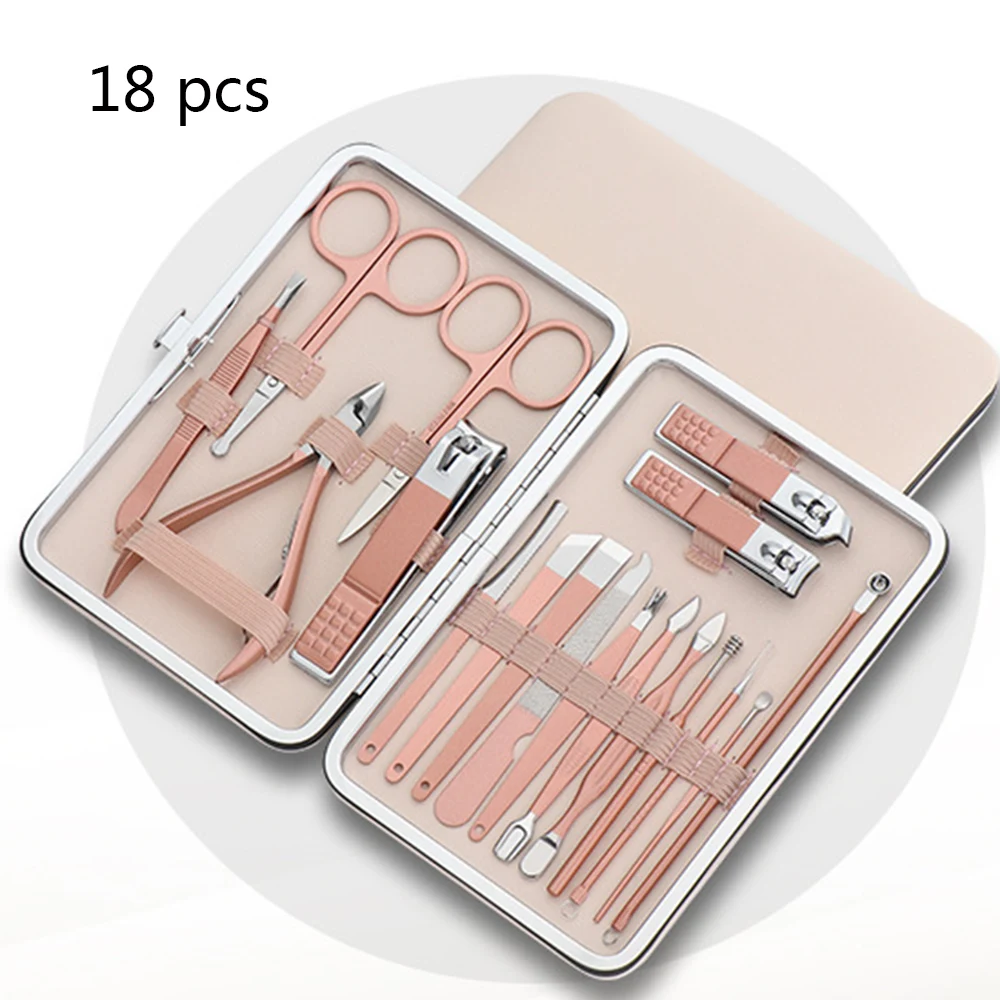 18pcs set 4/7/10/12/16/18 наборы из нержавеющей стали для маникюра, машинка для стрижки резак триммер уха Палочки Уход за лошадьми комплект ножницами для педикюра, комплект инструментов для маникюра - Цвет: 18pcs set