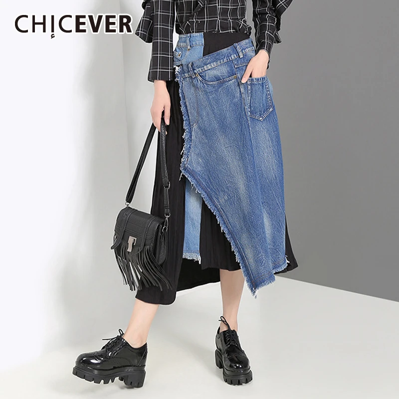 Женская Лоскутная джинсовая юбка CHICEVER повседневная плиссированная большого