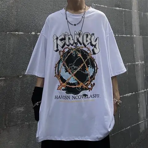 

Summer Trend Ins Dark High Street Earth Letter Printing Round Neck Short Sleeve Harajuku Oversized T Shirt for Men Couples Top