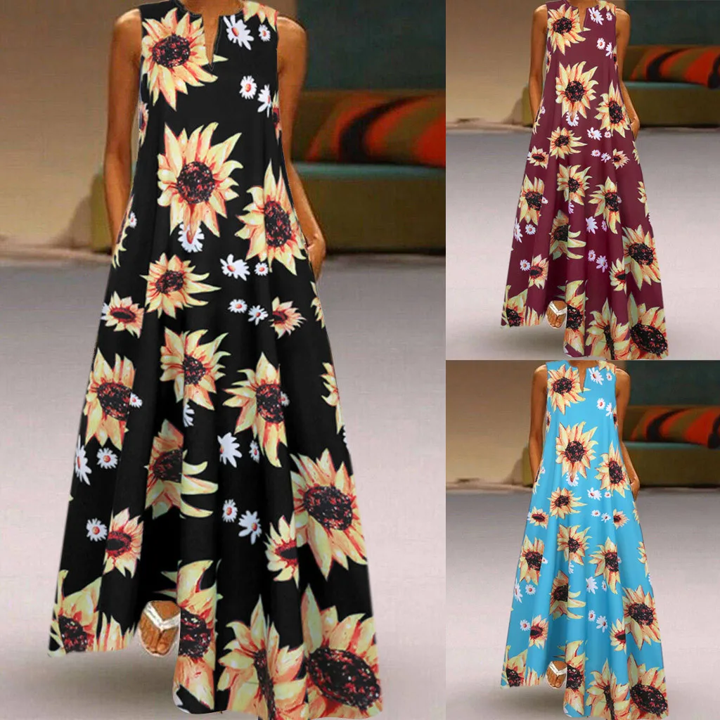 

Women Summer Dress Ladies Fashion Plus Size Daisy Sunflower Print Daily Casual Sleeveless Vintage Boho V Neck Maxi Dress