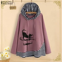 zanzea hooded women blouse cartoon cat hoodies autumn long sleeve tops casual striped shirts loose pullover blusas
