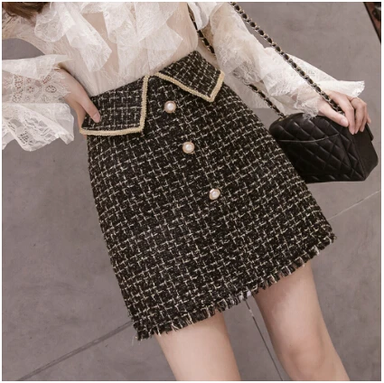 SMTHMA Winter tweed tassel skirts women high waist plaid black women's skirt korean chic mini short skirt faldas mujer moda