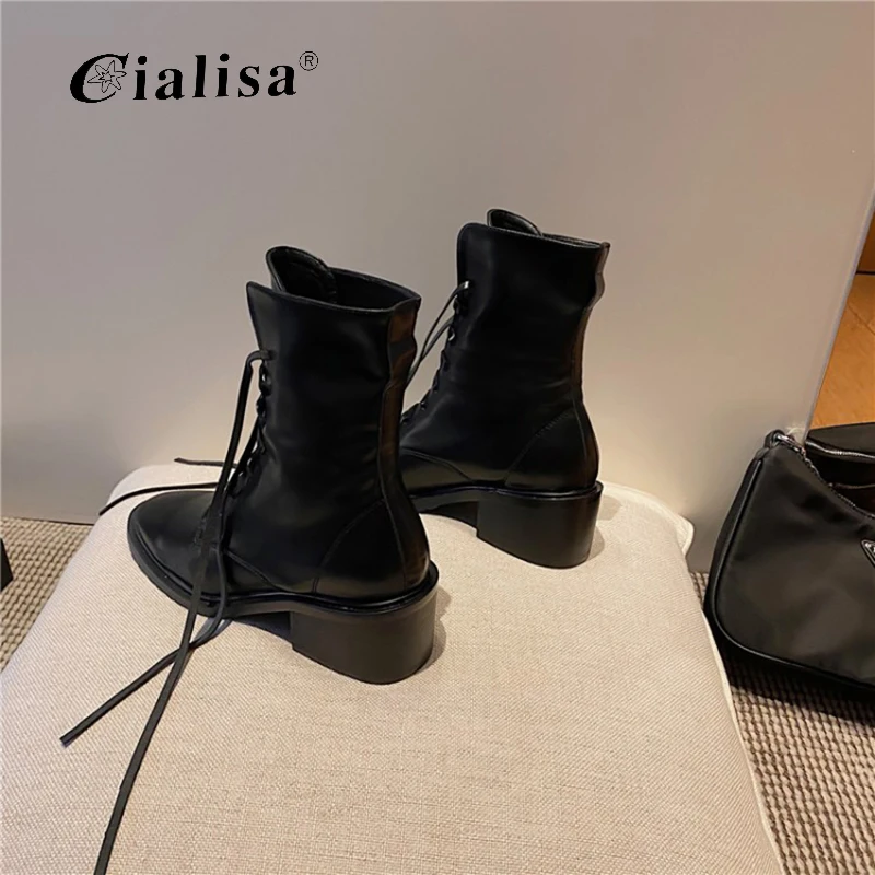 

CIALISA Women Ankle Shoes Fashion Genuine Leather Women Boots Work Shoes Round Toe Lace-Up Motorcycle Ankle Boot Shoes