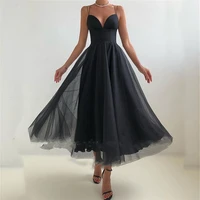 sexy spaghetti straps formal party dresses 2021 backless short evening gowns tea length organza a line black for women simple