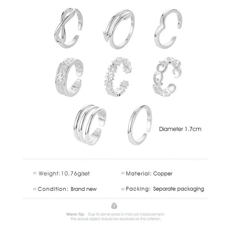 

8Pcs/set Summer Unisex Beach Vacation Knuckle Foot Ring Set Adjustable Open Toe Rings for Women Men Finger Ring Jewelry Gifts