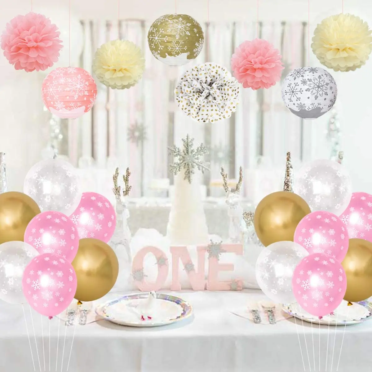 Decoraciones de cumplea&ntilde;os para ni&ntilde;a, copo de nieve de invierno de oro rosa, suministros de primera fiesta, conjunto de copo de nieve congelado, flores de papel, Topper de una primera tarta-4