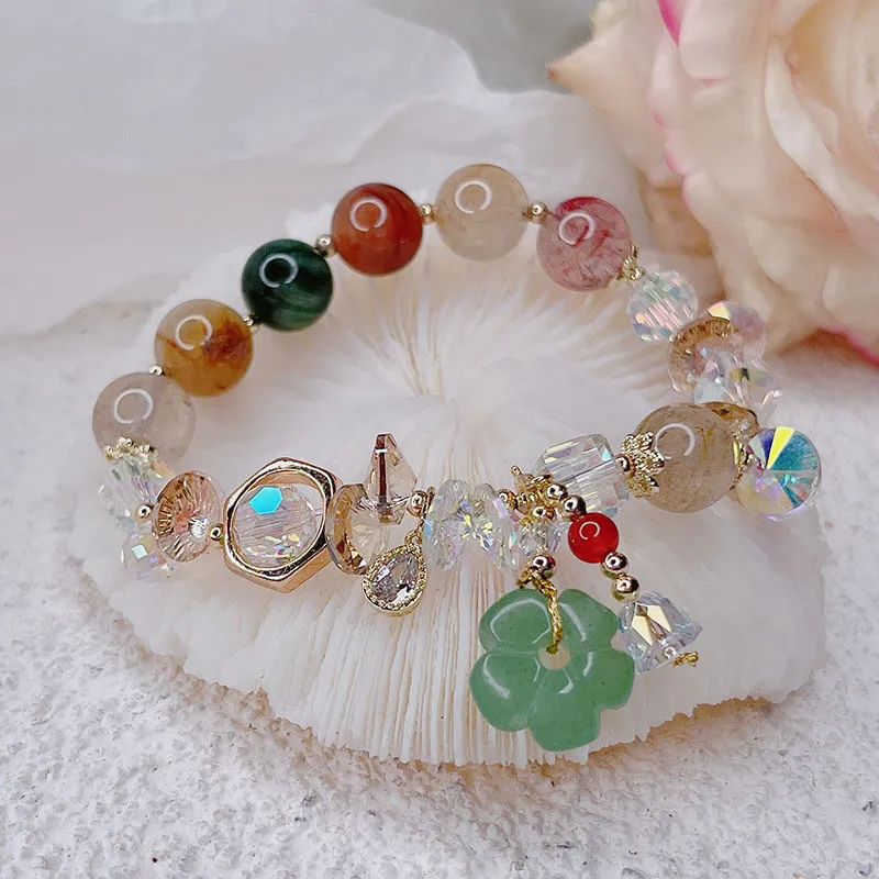 

Fairy Style Jade & Crystal Bracelet with Floral Charm, Bead Decorative Good Luck Jewelry Gift for Mom Grandma Crystal IK-5-59H