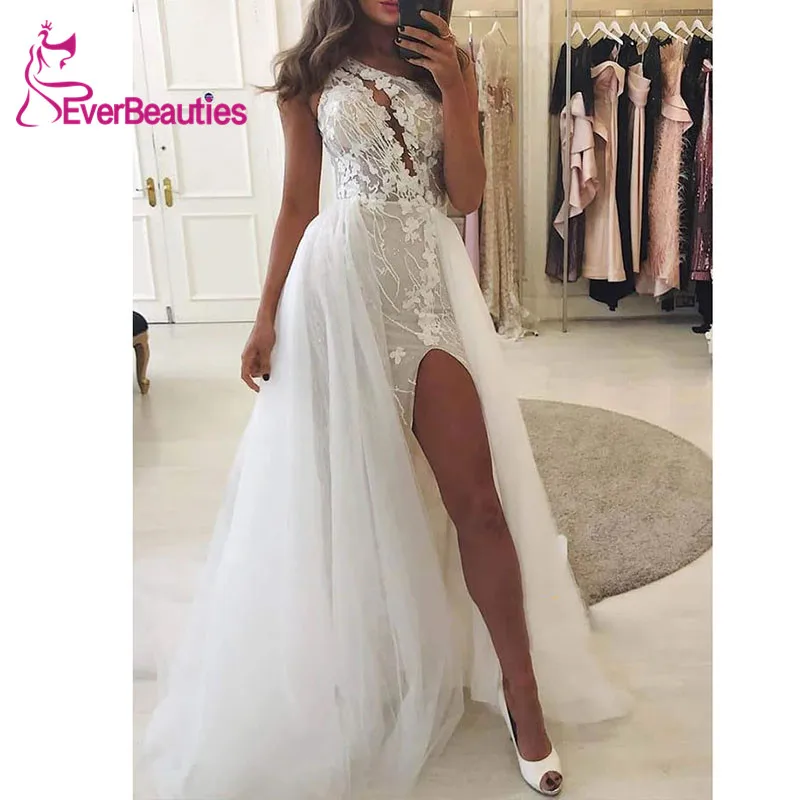 

Vestido De Noiva One Shoulder Wedding Dress 2020 Tulle Appliques Boho Bridal Gown Side Split Bride Dress Robe De Mariee