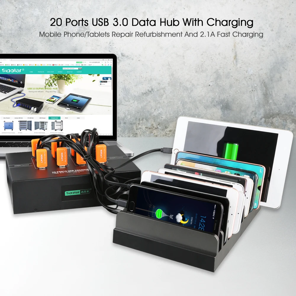 Sipolar 20 портов промышленный USB 3,0 Синхронизация и зарядка концентратор встроенный 5 в 40A источник питания 2.1A зарядка синий светодиодный 110/220 В опционально