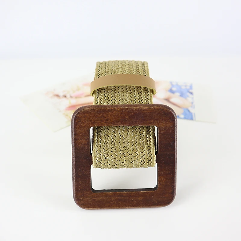 Square Buckle Wood material  PP Straw Woven Belt women‘s dress accessory  Waist Decorations Stretch Girdle beach resort style