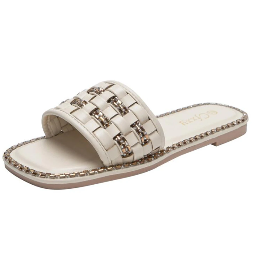 

Summer Luxury Women Slippers Rhinestone Flat Open Toe Flip Flop Fashion Weave Ladies Shoes Non-slip Casual Ladies Sandals