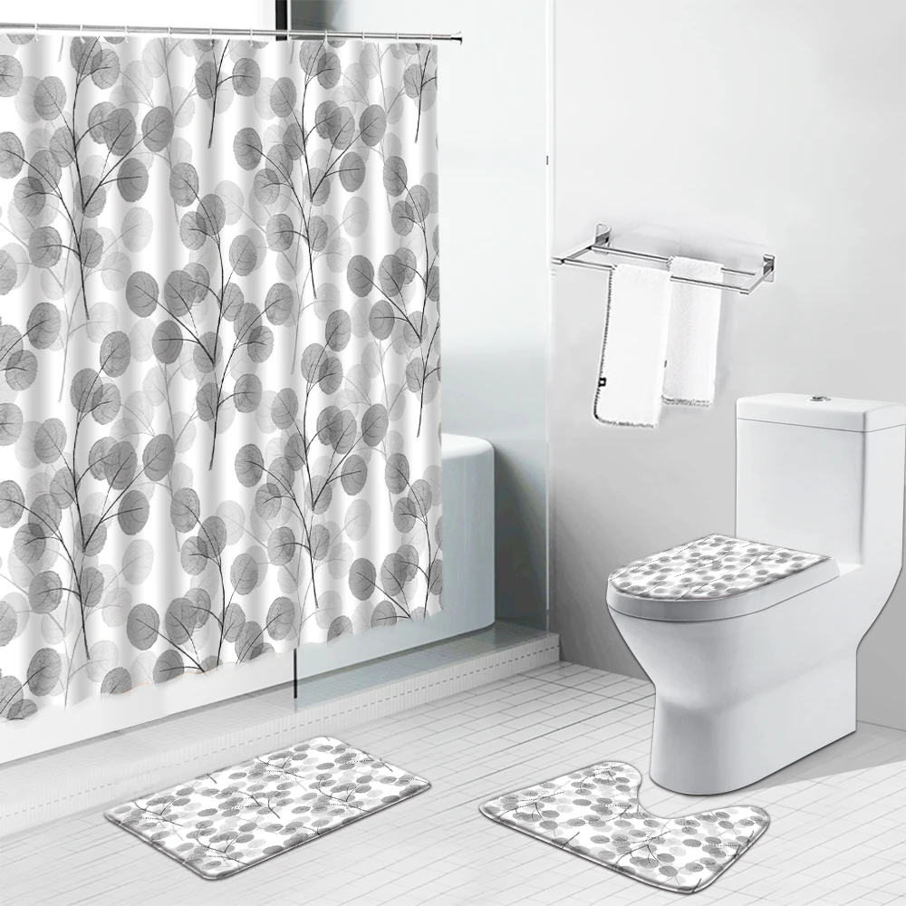 

Geometric Marble Printing Bathroom Shower Curtains Gray Gradient Solid Color Non-Slip Toilet Cover Carpet Mat Cloth Curtain Set