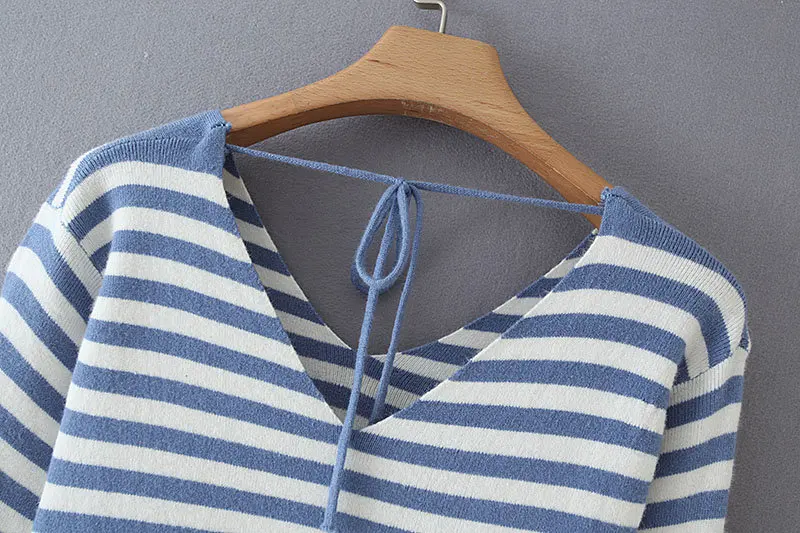 new spring autumn women v neck striped casual slim knitted sweaters ladies long sleeve back lace up thin sweater tops S148 | Женская