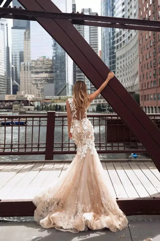 2020 шампанское Румяна Русалочки Свадебные платья Прозрачная Кружевная