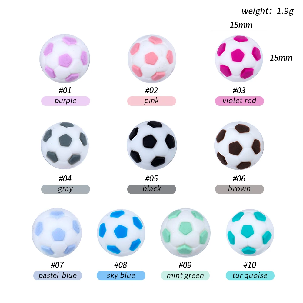 Sunrony-Cuentas de silicona de 15mm para beb&eacute;, pulsera redonda de f&uacute;tbol de silicona de grado alimenticio, sin BPA, 10 piezas-4