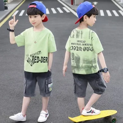 

Комплект детской одежды для мальчиков, летний костюм с коротким рукавом, 2021, Детские повседневные спортивные комплекты, Детская футболка + к...