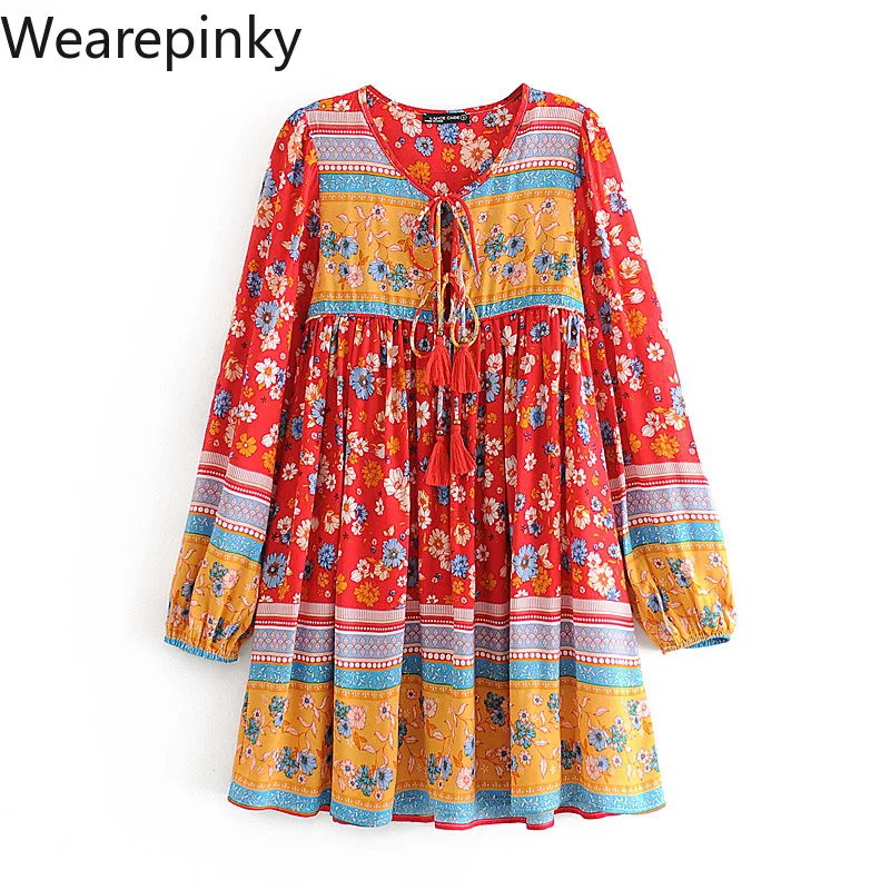 

Bohemian Vintage Print Mini Dress for Women 2021 V-Neck Elegant Boho Dresses Vacation Loose Long Sleeve Dress Vestidos De Mujer