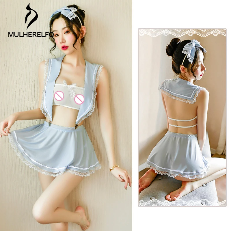 

Sailor Costume Women Sexy Uniform Nightdress Perspective Floral Sleeveless Erotic Female Sleep Dress Backless Lace Mini Homewear