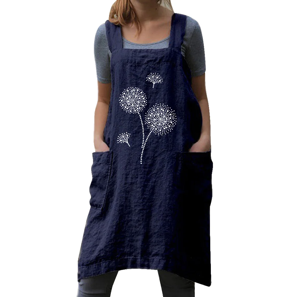 

Apron Kitchen Womens Flowers Printed Loose Fit Dungaree Casual Cooking Housework Wrap Dress with Pocket Linen Apron