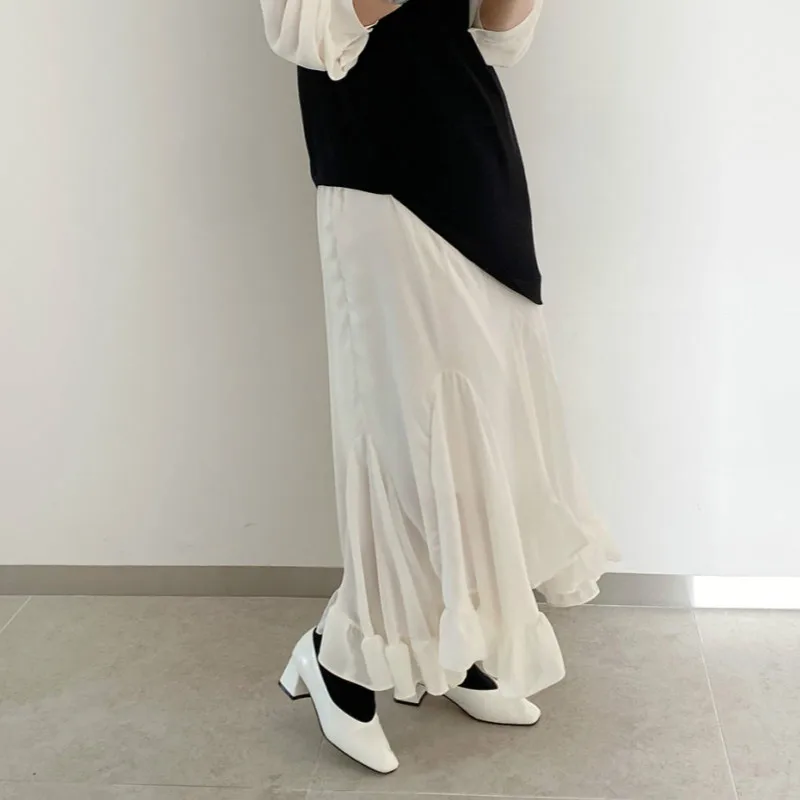 

Women's Casual Dress Patchwork Stand Collar Long Sleeves Ruffles Loose Asymmetric Mid-Calf Dresses Autumn Spring 2021