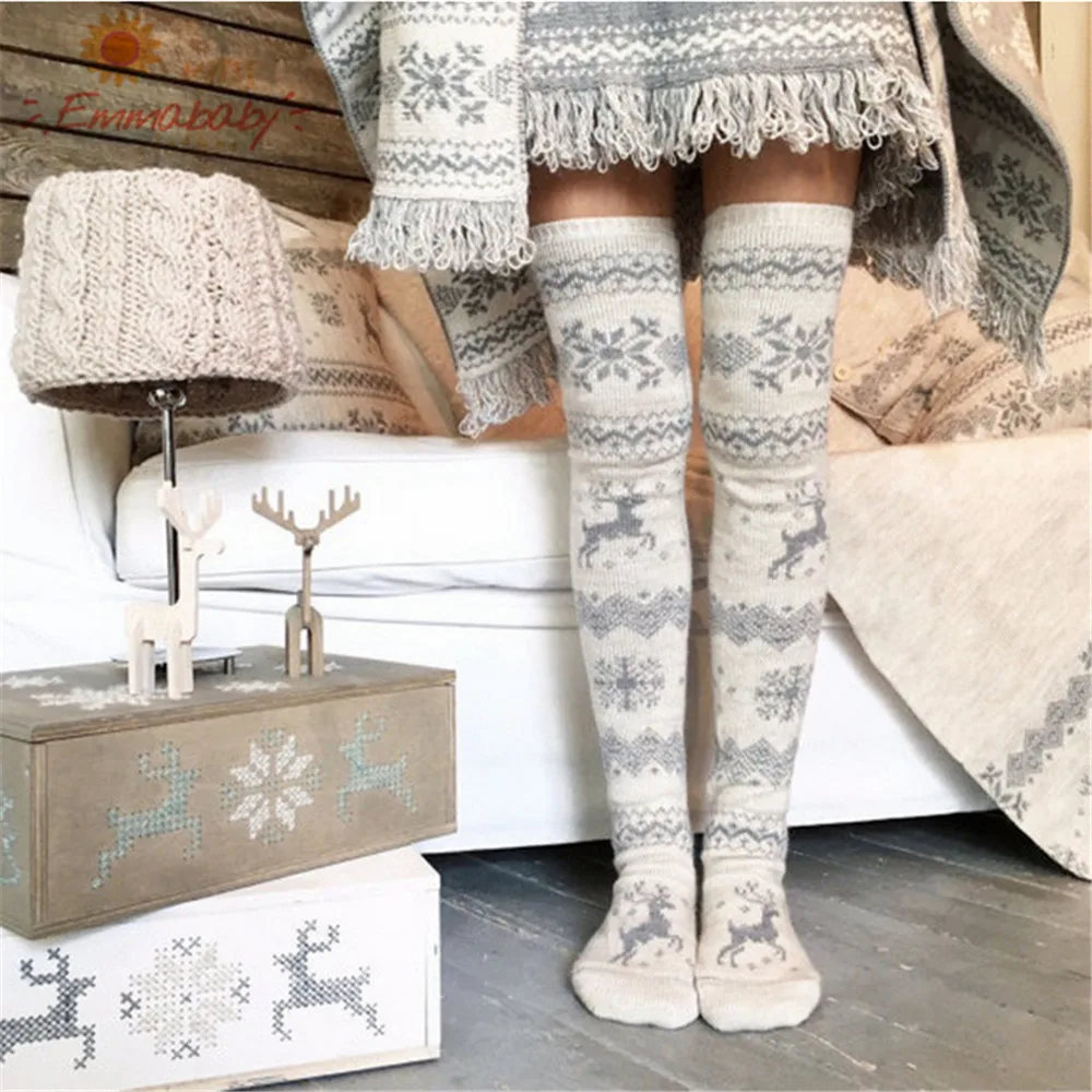 

Women Thigh High Stockings Winter Warm Snowflakes Reindeer Stockings Fashion Costume Accessory