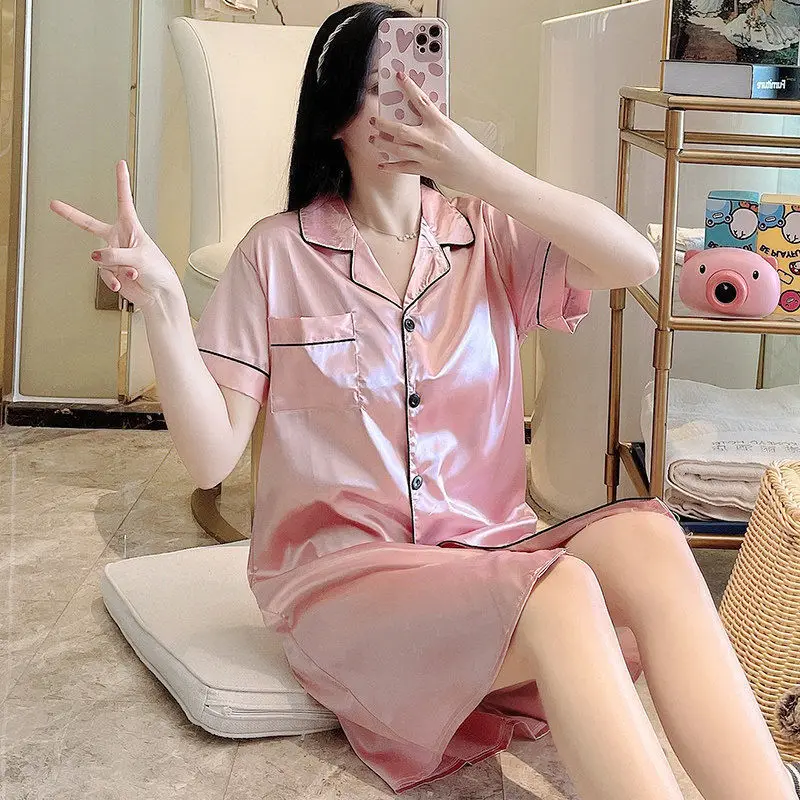 Women's Silk Satin Nightgowns Button Down Sleepshirt Short Sleeved Nightshirt Boyfriend Notch Collar Sleepwear Sleep Shirt M-2XL