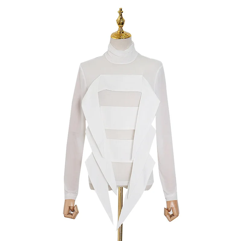 

New long sleeve T-shirt female personality stitching pile collar pullover perspective Joker bottoming jacket