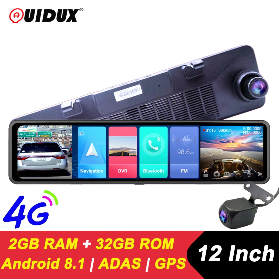 Автомобильное Зеркало видеорегистратор QUIDUX 12 дюймов 4G GPS навигация 2 Гб ОЗУ + 32 ПЗУ